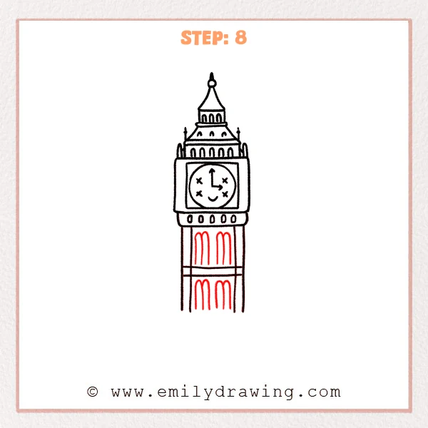 how to draw a big ben - Step 8: Rows of tall arched windows decorate the Big Ben tower body.